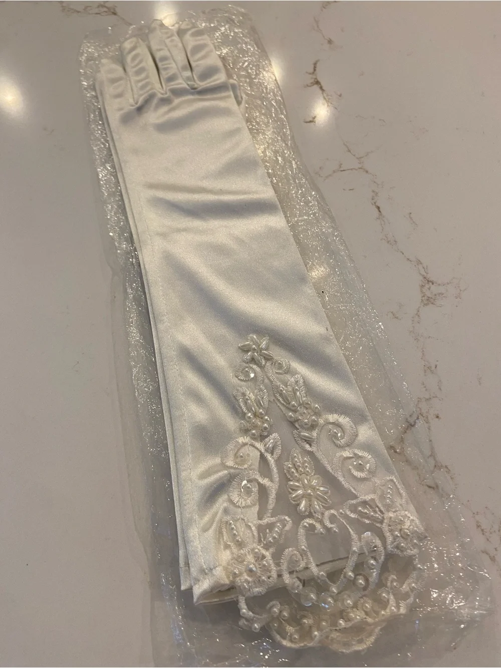 Vintage Bridal Gloves White Satin Elbow Length Stretch w/ Lace Detail NEW